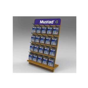 MCOUNTER002 MUSTAD ECO DISPLAY (37Lx61H)- WHITE MUSTAD LOGO,PANTONE REFLEX, BLUE BACKGROUND