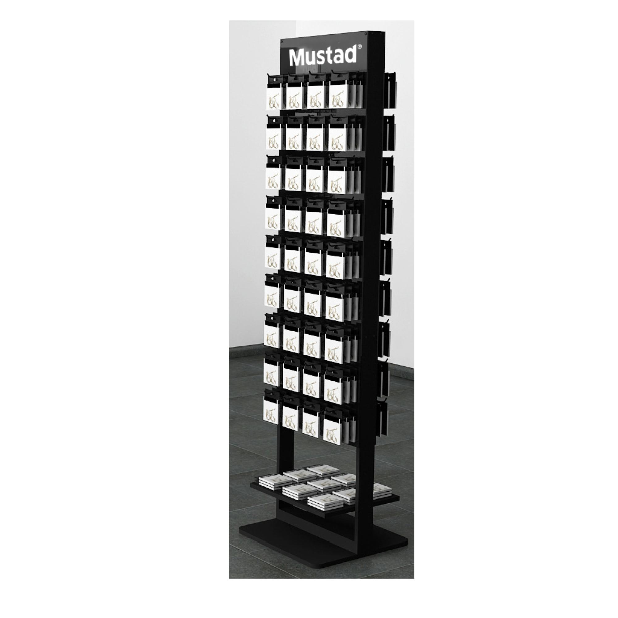 MDISPLAY001 MUSTAD DOUBLE SIDE FLOOR DISPLAY (WOOD/FOREX) - WHITE MUSTAD LOGO, 80 pegs
