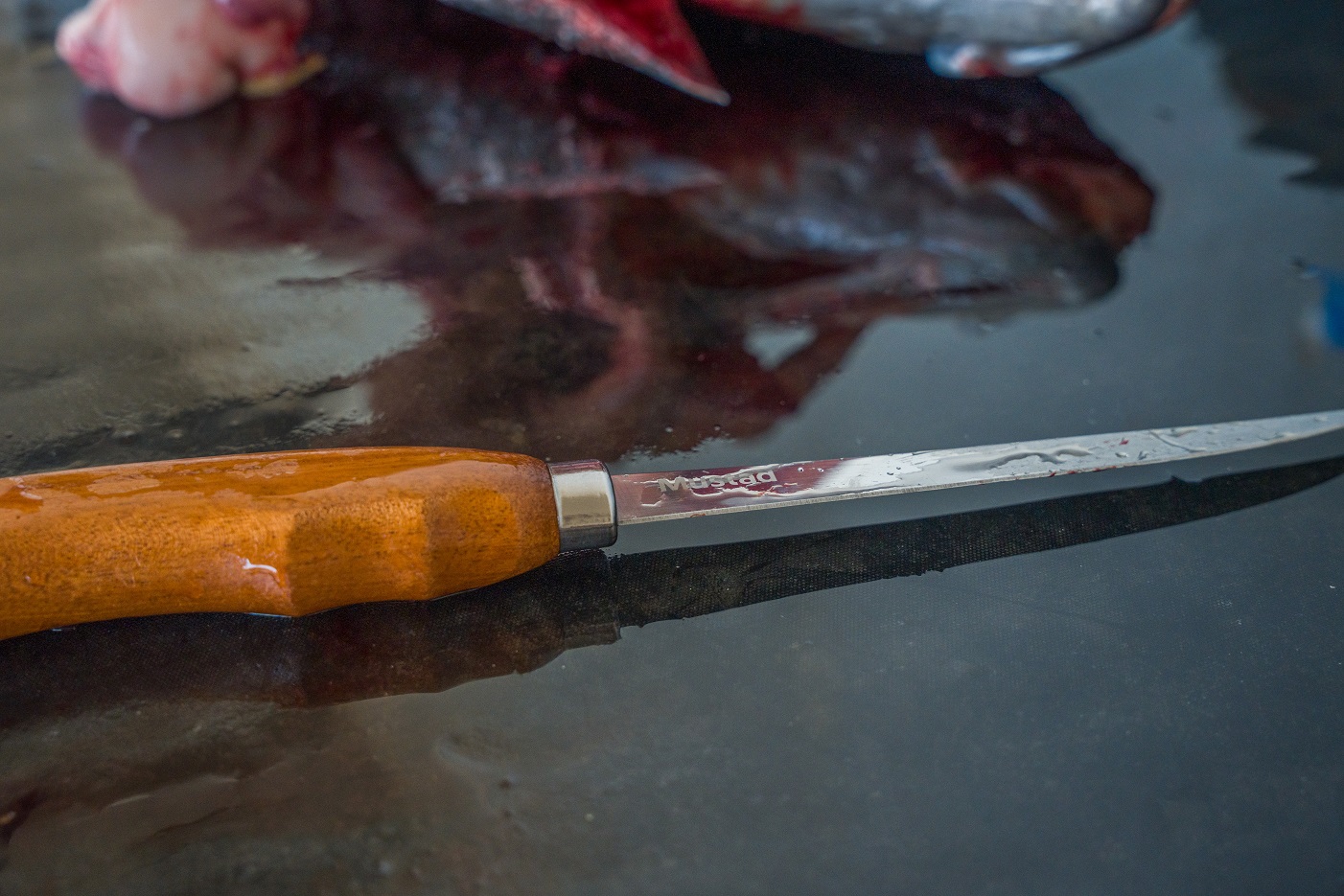 MT091 Mustad nož za filetiranje Wood handle knife 6'', Stainless Steel, kožna futrola